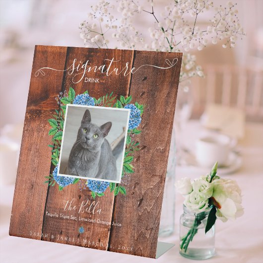 Hydrangea Wood Wedding Foto Pet Signature Drink Reclamebord Met Voetstuk