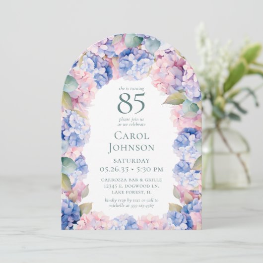 Hydrangeas 85e verjaardagsfeest kaart (Staand voorkant)