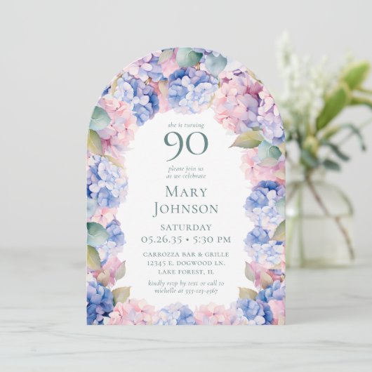 Hydrangeas 90ste verjaardagsfeest kaart (Staand voorkant)