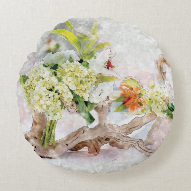 Hydrangeas Bella Waterverf Round Pillow (16 inch) Rond Kussen (Voorkant)