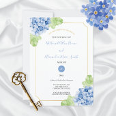 Hydrangeas Blauw Goud Lijst Huwelijksuitnodiging Kaart
