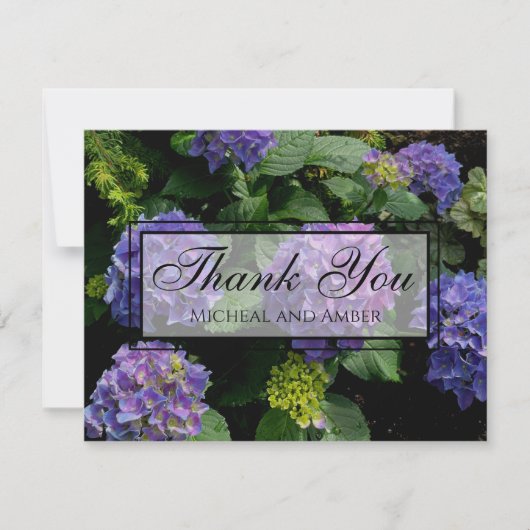 Hydrangeas blauw paarse bloementuin bedankkaart (Voorkant)