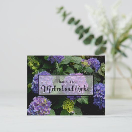 Hydrangeas blauw paarse bloementuin bedankkaart (Staand voorkant)