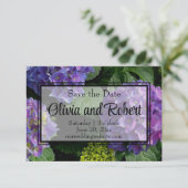 Hydrangeas blauw paarse bloementuin save the date (Staand voorkant)