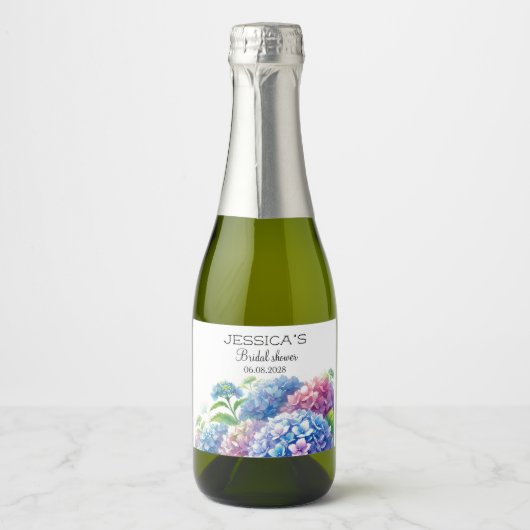 Hydrangeas Blue Flowers Vrijgezellenfeest Party Sparkling Wijnetiket (Voorkant)