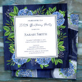 Hydrangeas Blue Rustic Wood 100th Birthday Party Kaart