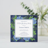 Hydrangeas Blue Rustic Wood 100th Birthday Party Kaart (Staand voorkant)
