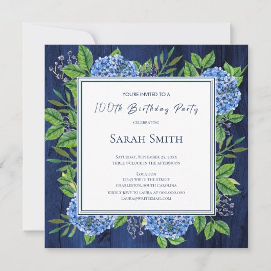 Hydrangeas Blue Rustic Wood 100th Birthday Party Kaart (Voorkant)