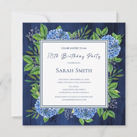 Hydrangeas Blue Rustic Wood 18th Birthday Party Kaart (Voorkant)
