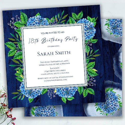 Hydrangeas Blue Rustic Wood 18th Birthday Party Kaart