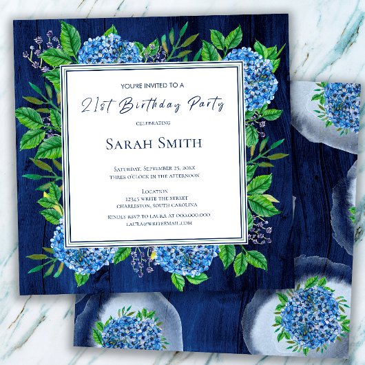 Hydrangeas Blue Rustic Wood 21st Birthday Party Kaart