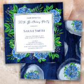 Hydrangeas Blue Rustic Wood 30th Birthday Party Kaart