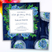 Hydrangeas Blue Rustic Wood 40th Birthday Party Kaart