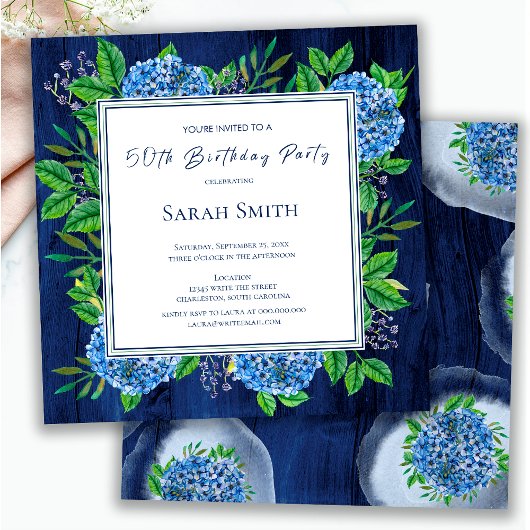 Hydrangeas Blue Rustic Wood 50th Birthday Party Kaart