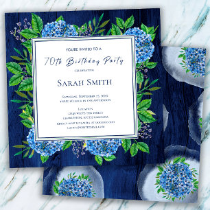 Hydrangeas Blue Rustic Wood 70th Birthday Party Kaart