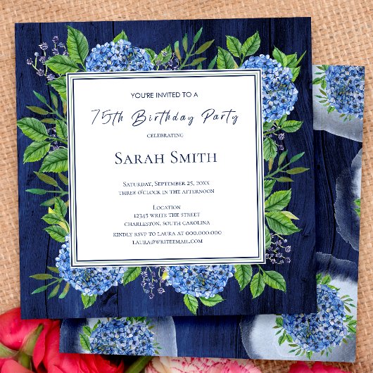 Hydrangeas Blue Rustic Wood 75th Birthday Party Kaart