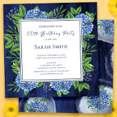 Hydrangeas Blue Rustic Wood 80th Birthday Party Kaart
