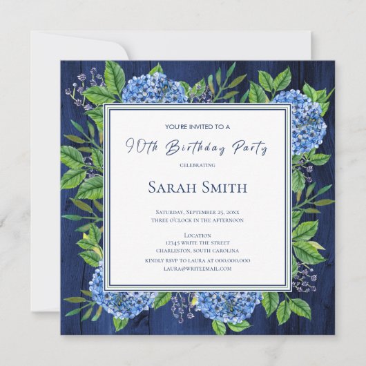 Hydrangeas Blue Rustic Wood 90th Birthday Party Kaart (Voorkant)