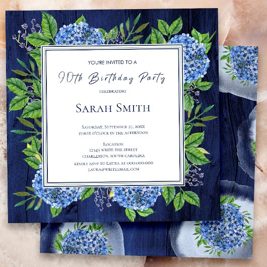Hydrangeas Blue Rustic Wood 90th Birthday Party Kaart