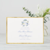 Hydrangea's Crest Blauwe Ivoor Gouden Frame Trouwf Save The Date (Staand voorkant)