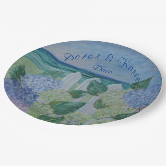 Hydrangeas door het strand bruiloft papieren bordje (Gekanteld)