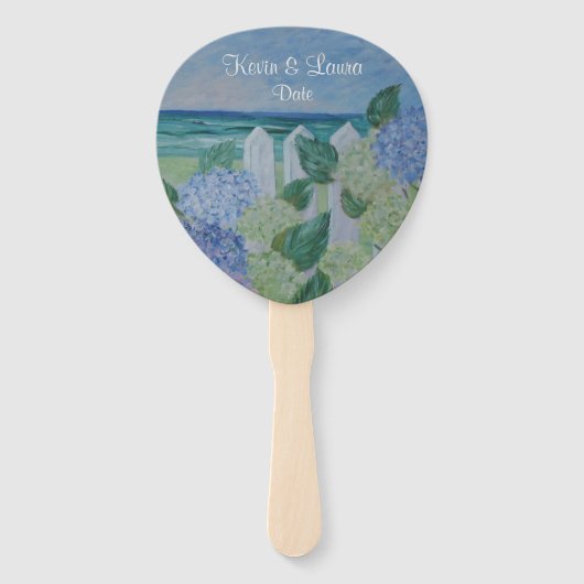 Hydrangeas door het strand huwelijk handwaaier (Voorkant)