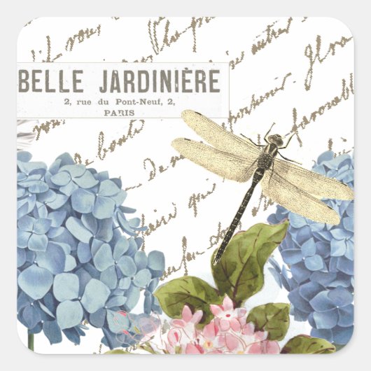 Hydrangeas Dragonfly Franse Script Garden Vierkante Sticker (Voorkant)