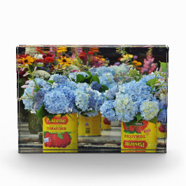 Hydrangeas en bloemen, vers, in tomatenkans fotoblokken