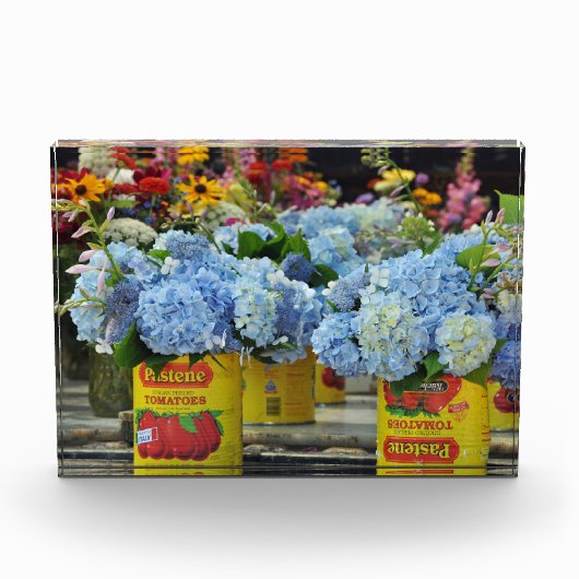 Hydrangeas en bloemen, vers, in tomatenkans fotoblokken (Voorkant)