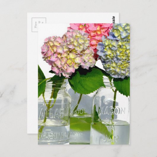 Hydrangeas en Mason jar Briefkaart (Voorkant / Achterkant)