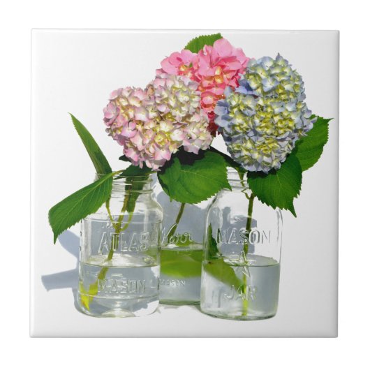 Hydrangeas en Mason jar Tegeltje (Voorkant)