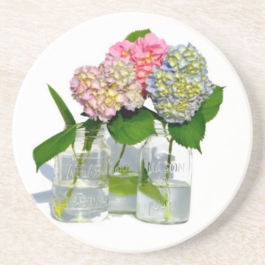 Hydrangeas en Mason jar Zandsteen Onderzetter (Voorkant)