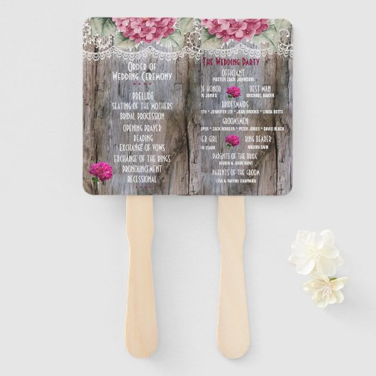 Hydrangeas Lace & Barn Wood Weddenschappen Handwaaier (Voorkant en achterkant)