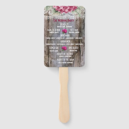 Hydrangeas Lace & Barn Wood Weddenschappen Handwaaier (Achterkant)