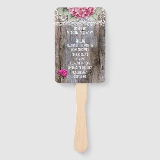 Hydrangeas Lace & Barn Wood Weddenschappen Handwaaier (Voorkant)