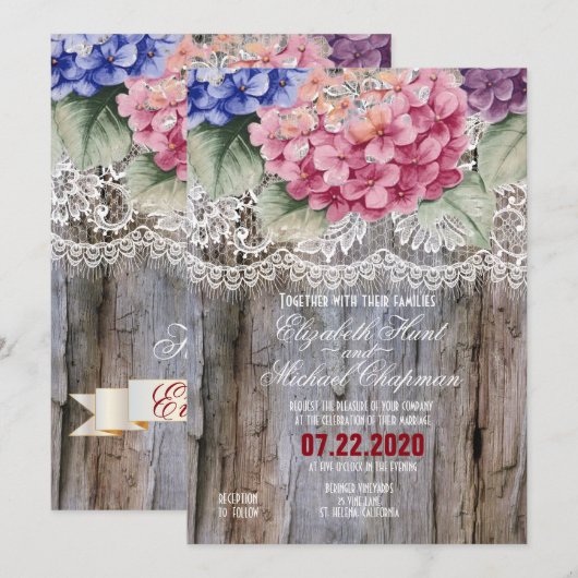 Hydrangeas Lace & Barn Wood Wedding Invitting Kaart (Voorkant / Achterkant)