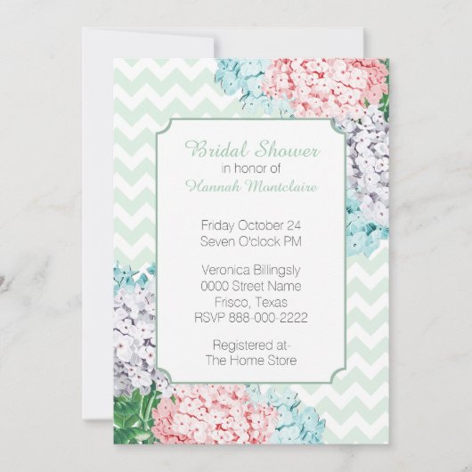Hydrangeas op Chevron Bridal Shower Invitation Kaart (Voorkant)