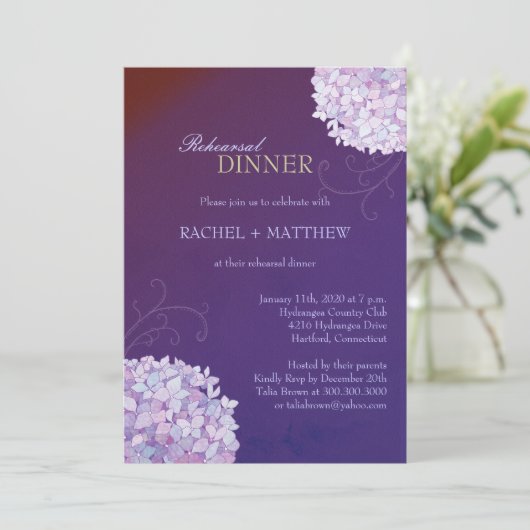 Hydrangeas Paarse bruiloft repetitie diner Kaart (Staand voorkant)