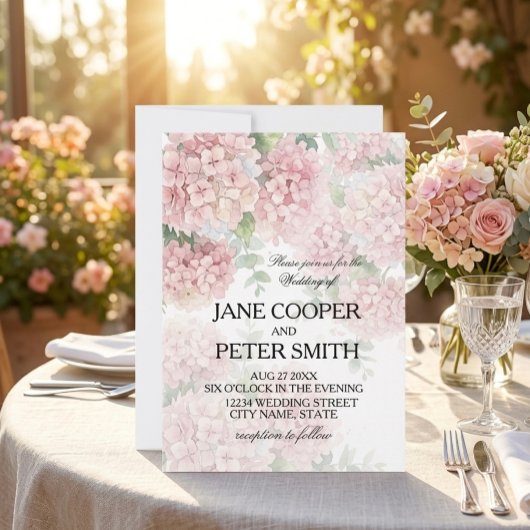 Hydrangeas pastel pink colours. Wedding Invitation Kaart