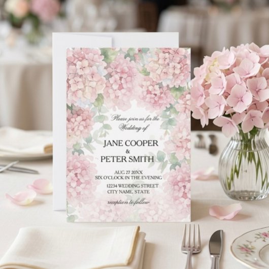 Hydrangea's pastel roze kleuren. Trouw Uitnodiging