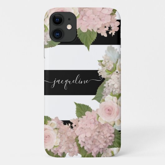 hydrangeas Rozen Black White Striped Floral Case-Mate iPhone Case (Achterkant)