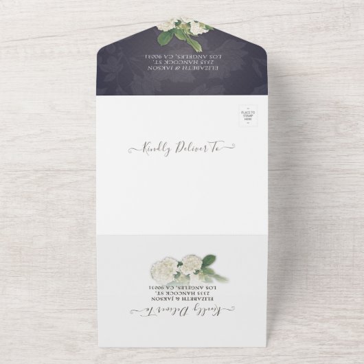 Hydrangeas String Lights Blue Flowers Wedding RSVP All In One Uitnodiging (Buitenkant)