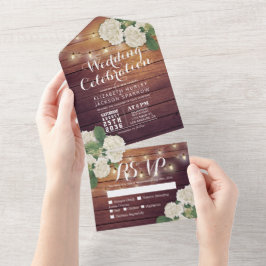 Hydrangeas String Lights Rustic Wood Wedding RSVP All In One Uitnodiging