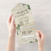 Hydrangeas String Lights Rustic Wood Wedding RSVP All In One Uitnodiging (Afscheurbaar)