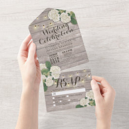 Hydrangeas String Lights Rustic Wood Wedding RSVP All In One Uitnodiging
