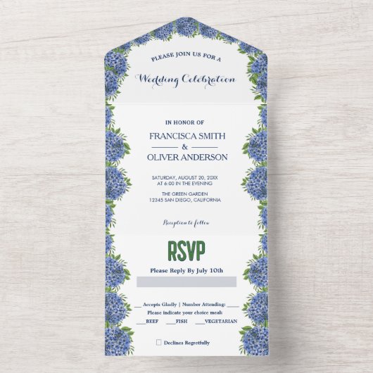 Hydrangeas Waterverf in één bruiloft All In One Uitnodiging (Binnen)