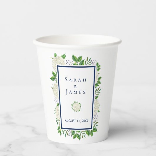 Hydrangeas White Blue Wedding Cups voor Ontvangst Papieren Bekers (Voorkant)