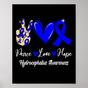 Hydrocephalus Awareness Peace Love Hope Blue Ribbo Poster