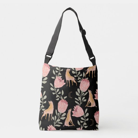 Hyena & Protea: donker patroon Crossbody Tas (Voorkant)