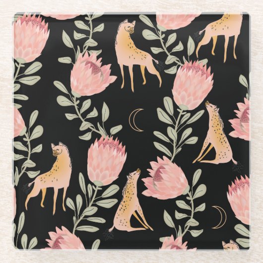 Hyena & Protea: donker  patroon Glazen Onderzetter (Voorkant)